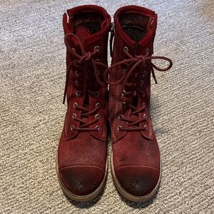 Burgundy Suede Lace-Up Combat Boots
